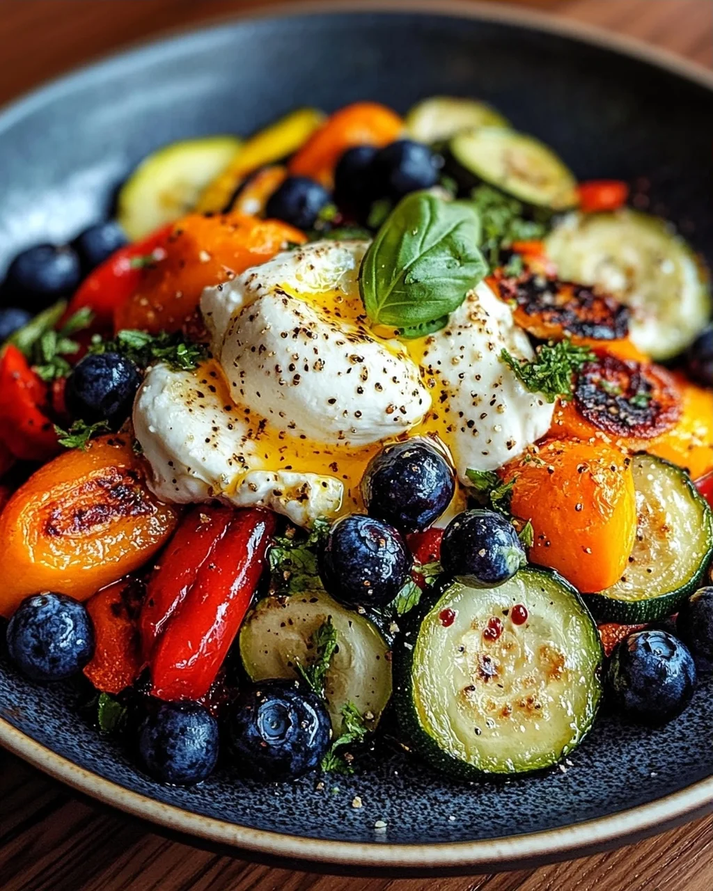 Burrata-Salat mit Ofengemüse und Blaubeeren