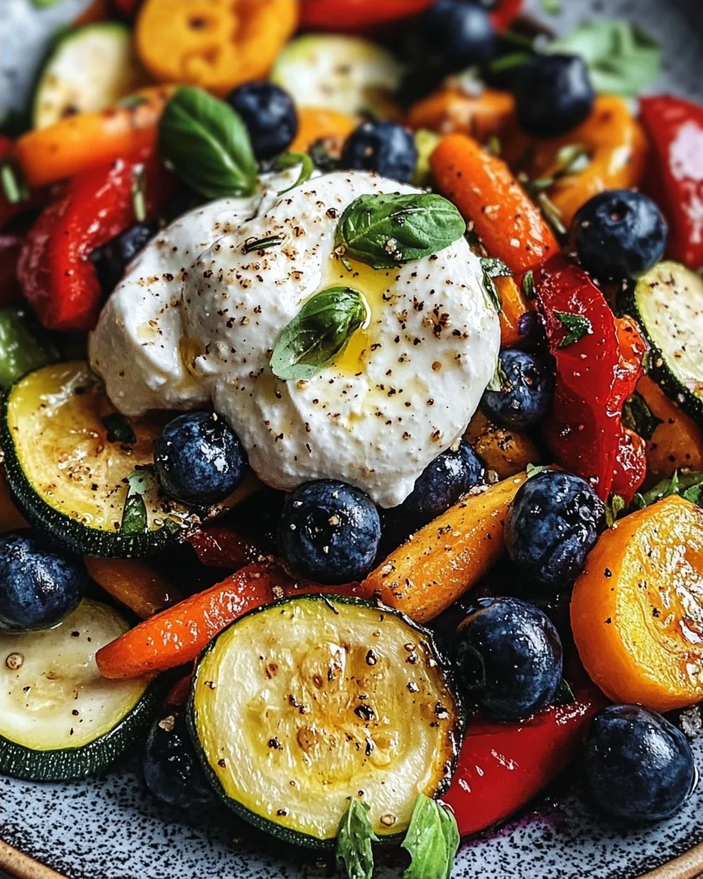 Burrata-Salat mit Ofengemüse und Blaubeeren