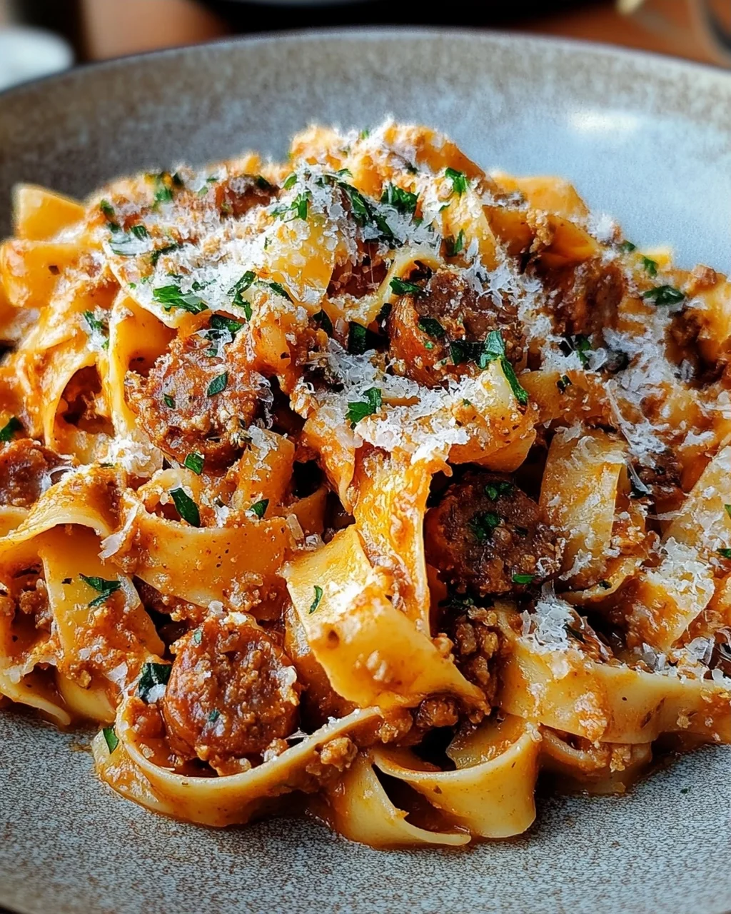 Cremige kalabrische Chili-Pappardelle mit Wurst und Fenchel