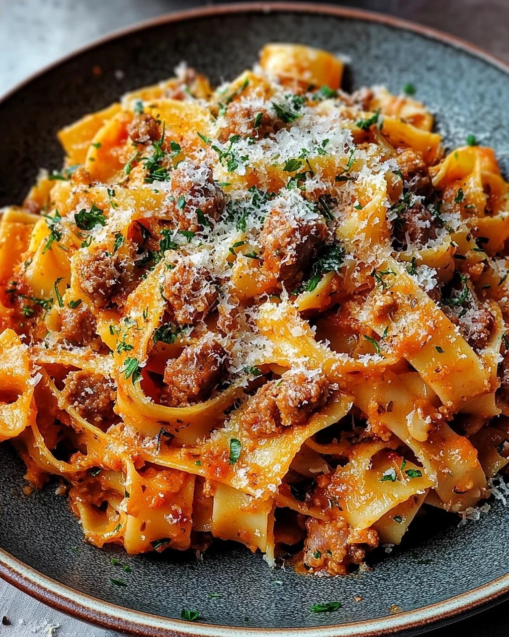 Cremige kalabrische Chili-Pappardelle mit Wurst und Fenchel