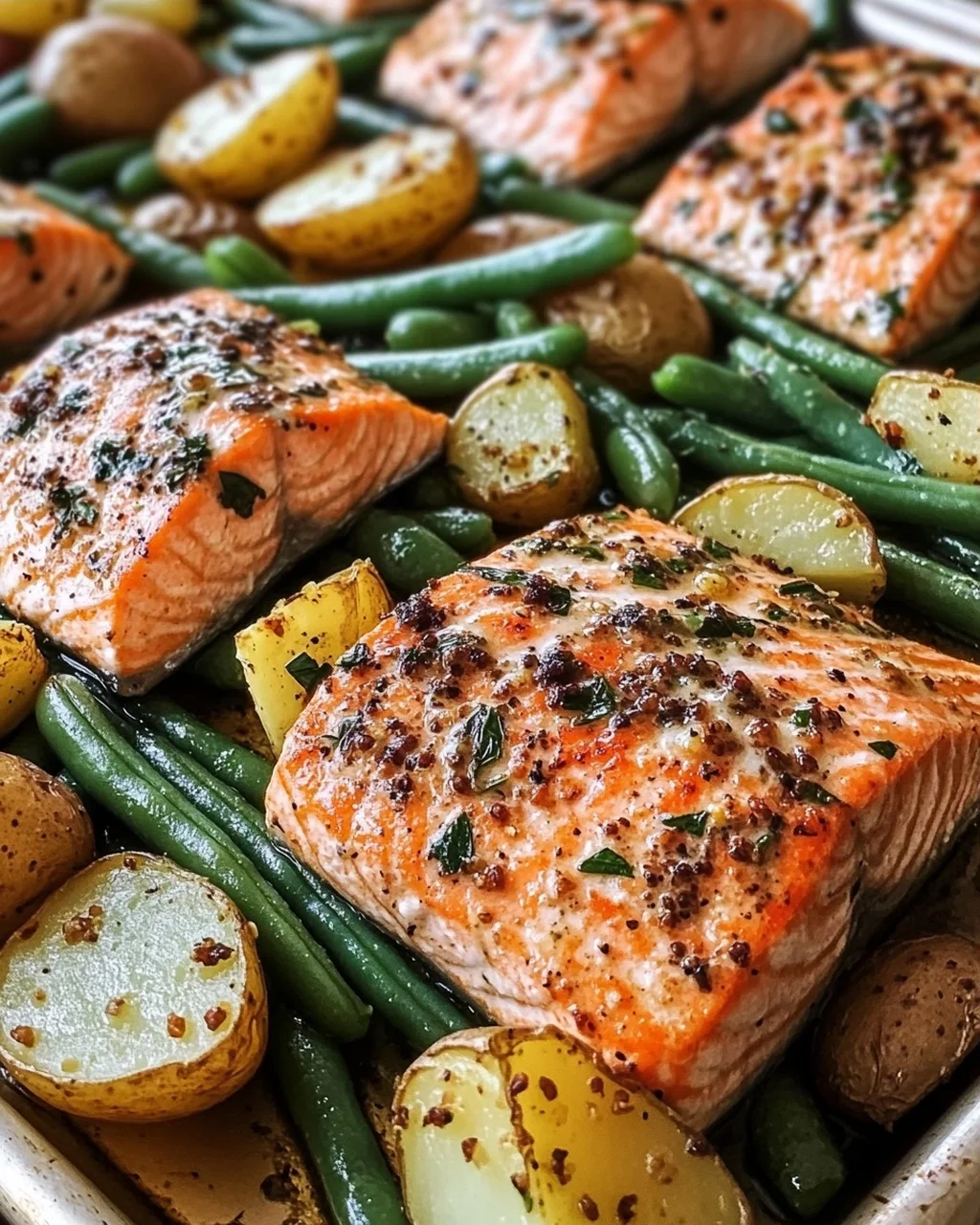 Einfaches Blechlachs Rezept mit grünen Bohnen und Kartoffeln