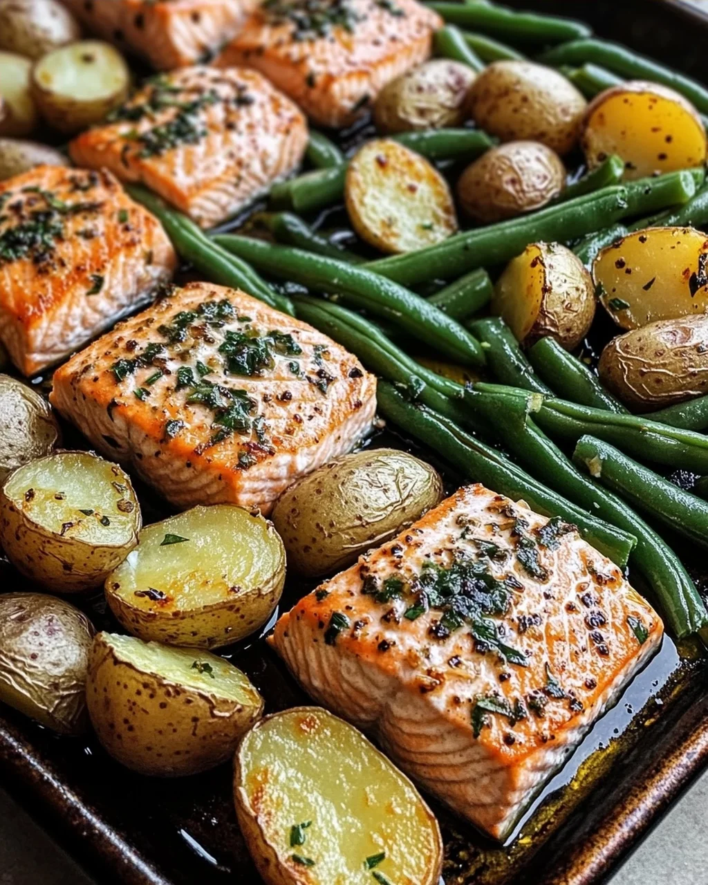 Einfaches Blechlachs Rezept mit grünen Bohnen und Kartoffeln