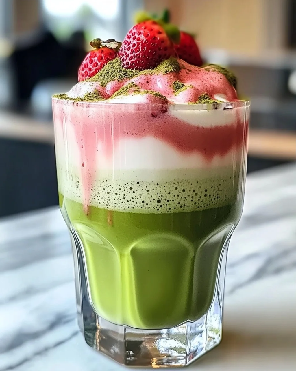 Eis-Matcha-Latte mit Erdbeer-Kalte-Schaum genießen