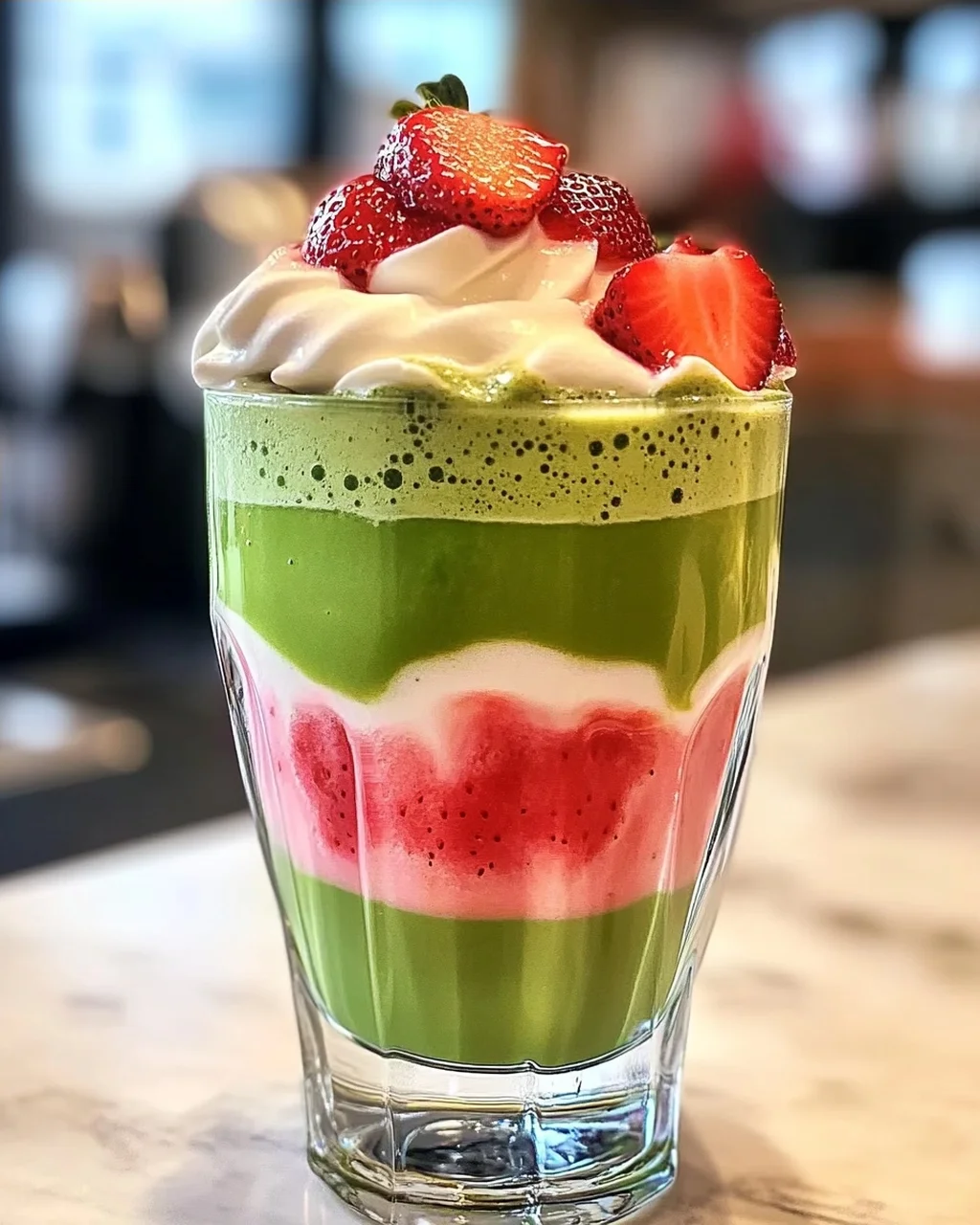Eis-Matcha-Latte mit Erdbeer-Kalte-Schaum genießen