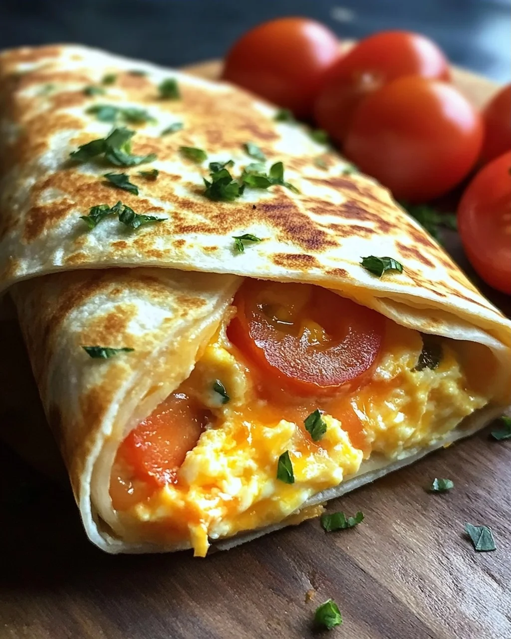 Frühstückswrap mit Ei, Käse und Tomaten
