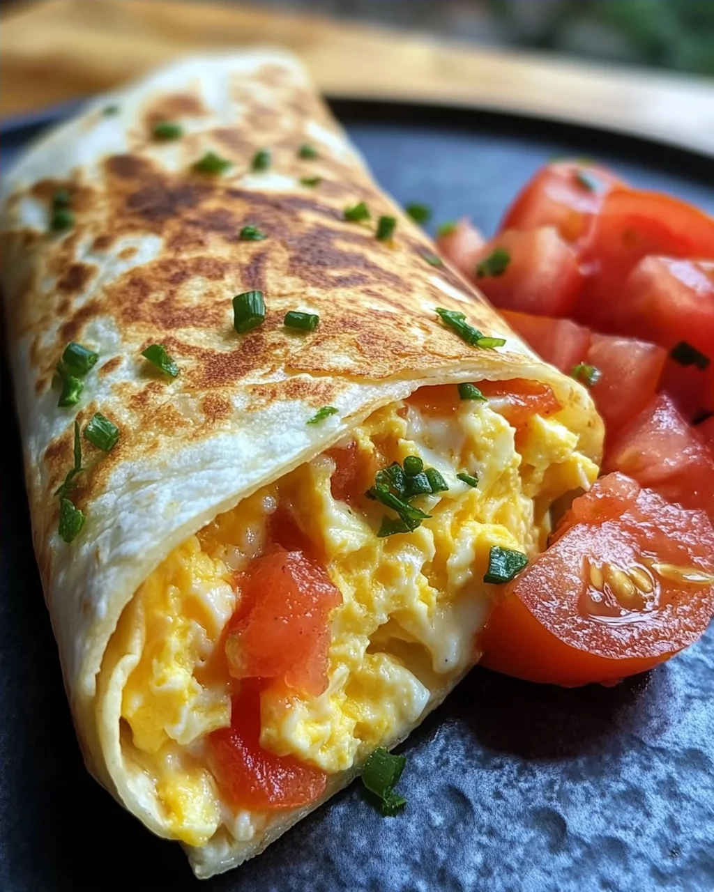 Frühstückswrap mit Ei, Käse und Tomaten