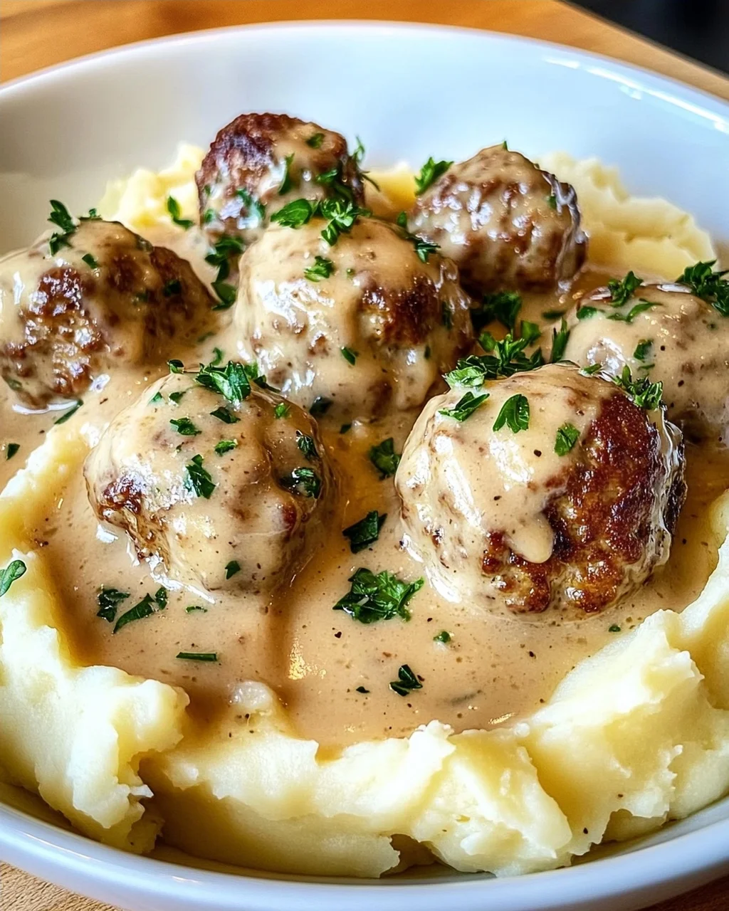 Hackbällchen in cremiger Sauce mit Kartoffelpüree