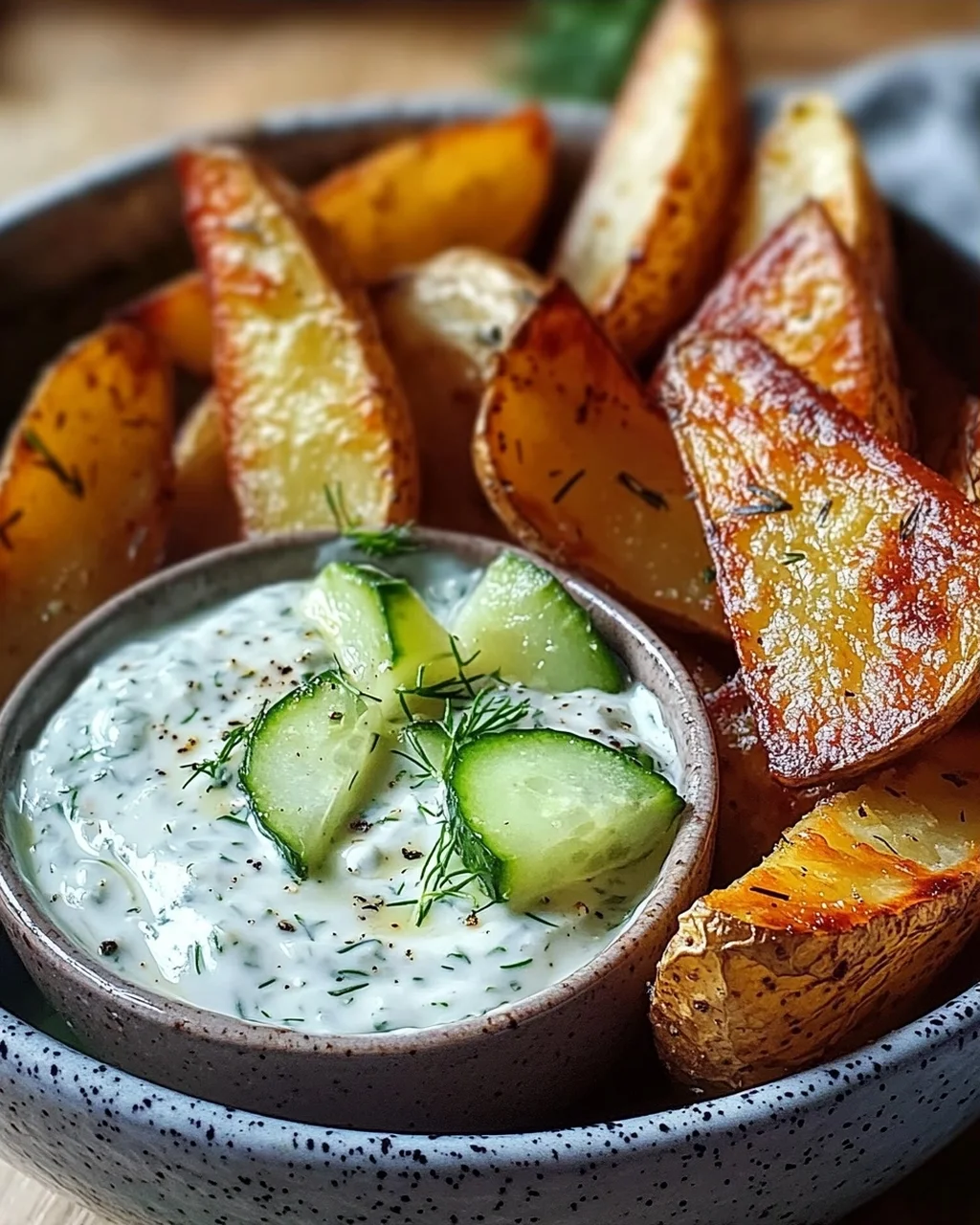 Kartoffelspalten mit Gurkendip