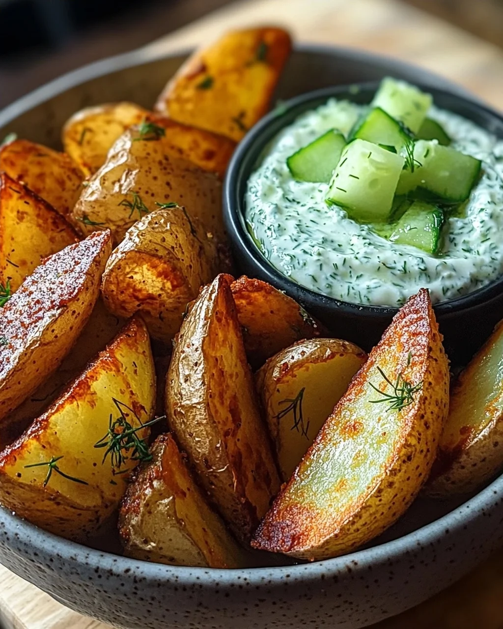 Kartoffelspalten mit Gurkendip