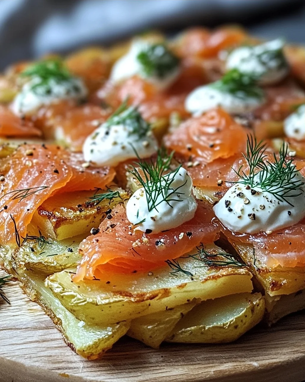 Knusprige Kartoffelgalette mit Räucherlachs und Crème Fraîche