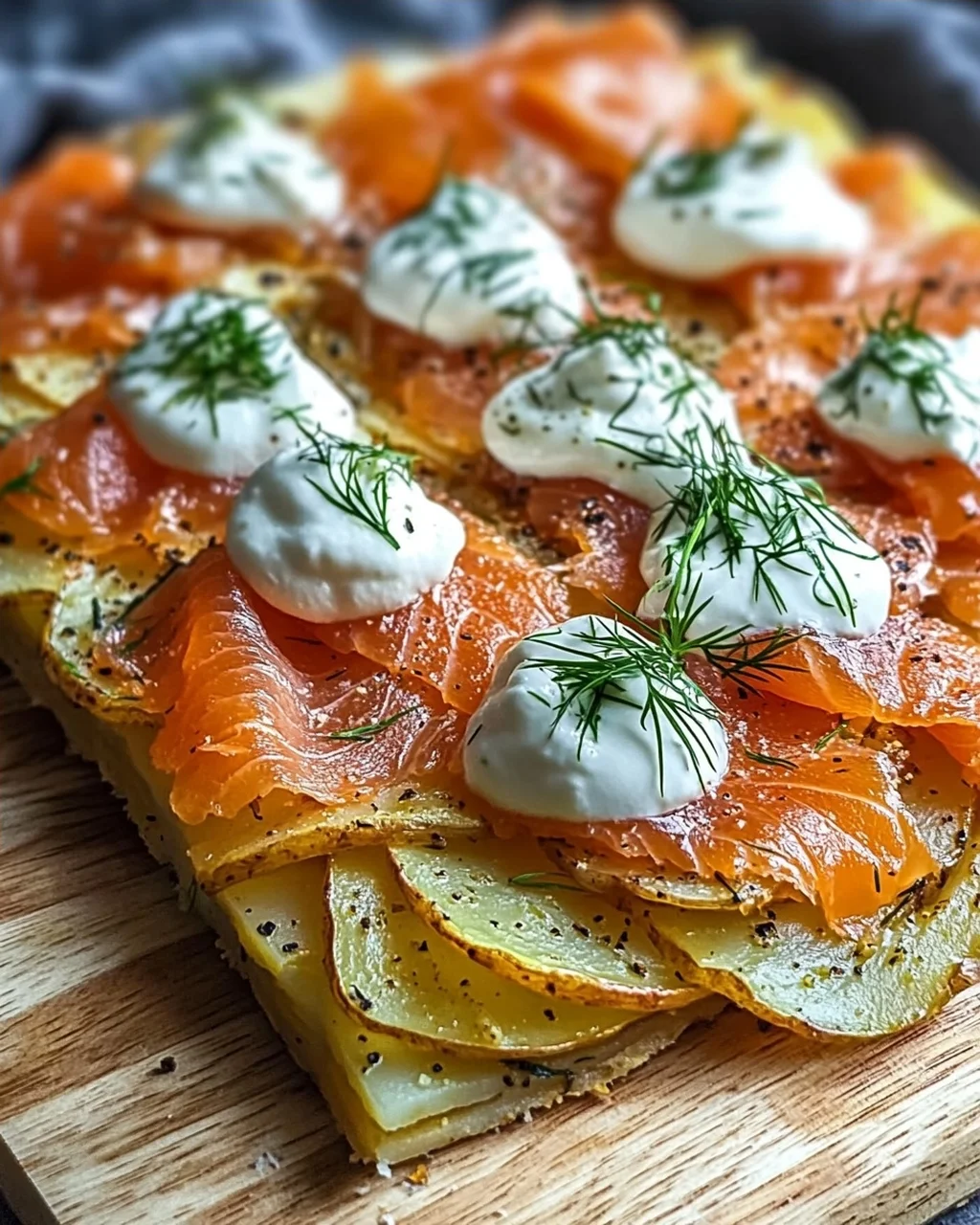 Knusprige Kartoffelgalette mit Räucherlachs und Crème Fraîche