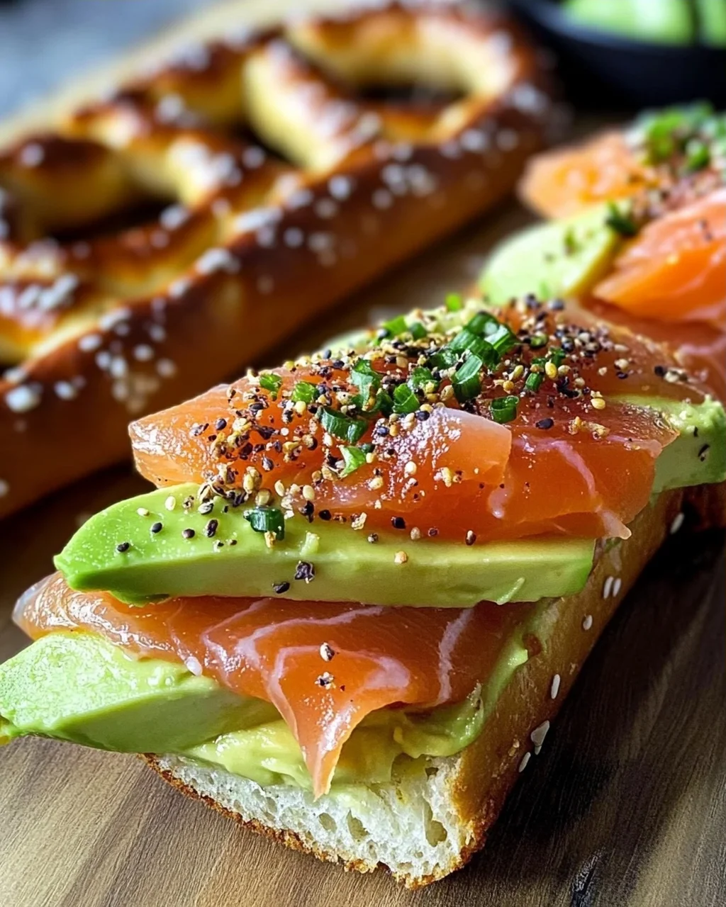 Lachs Avocado Laugenstange mit Topping