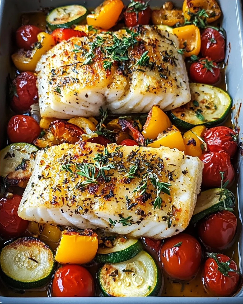 Rezept für mediterran gebackene Fischfilets mit Gemüse