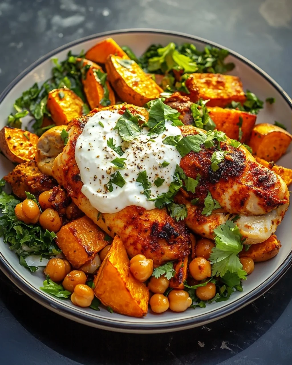 Würziges Ofen-Harissa Hähnchen mit Süßkartoffel, Kichererbsen und Knoblauchjoghurt