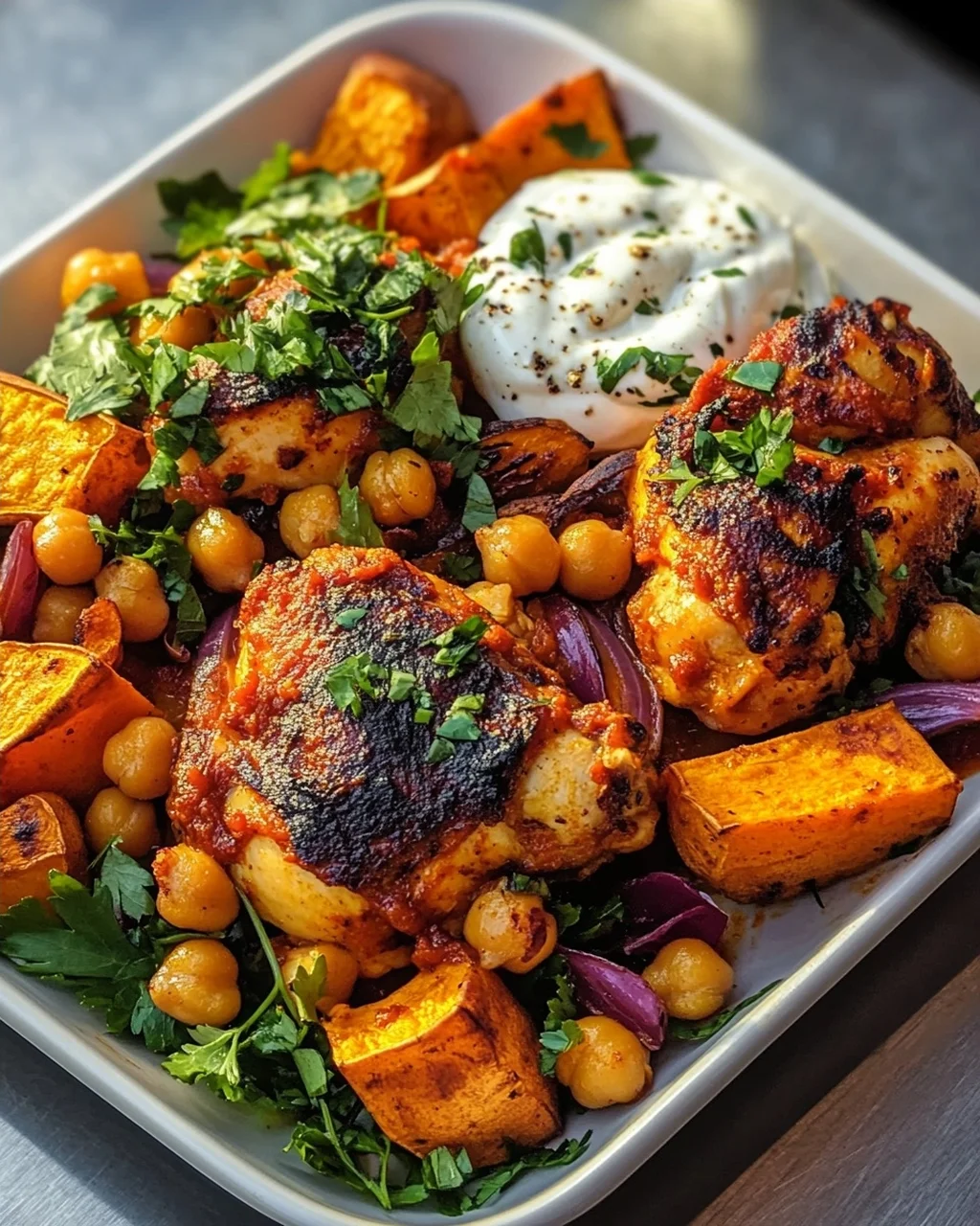 Würziges Ofen-Harissa Hähnchen mit Süßkartoffel, Kichererbsen und Knoblauchjoghurt